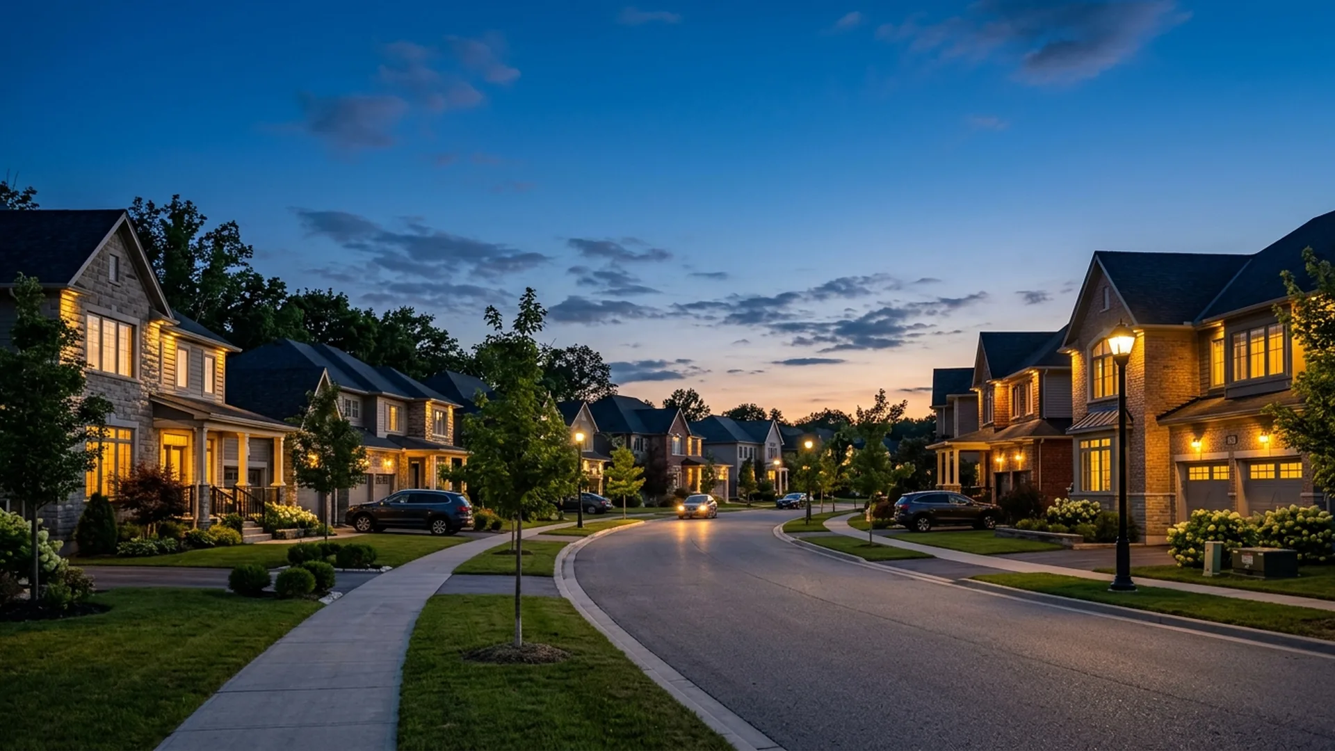 Suburban neighborhood of two-story homes at dusk with warm lights in the windows