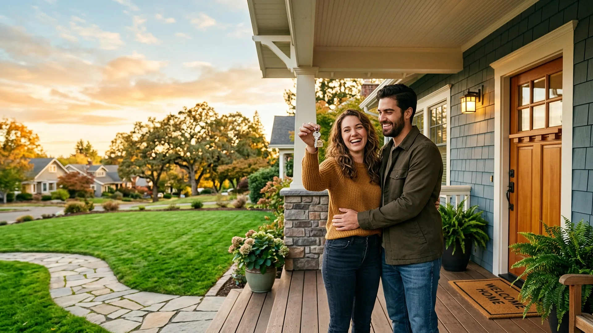 Couple holding house keys on the porch of their new home at golden hour