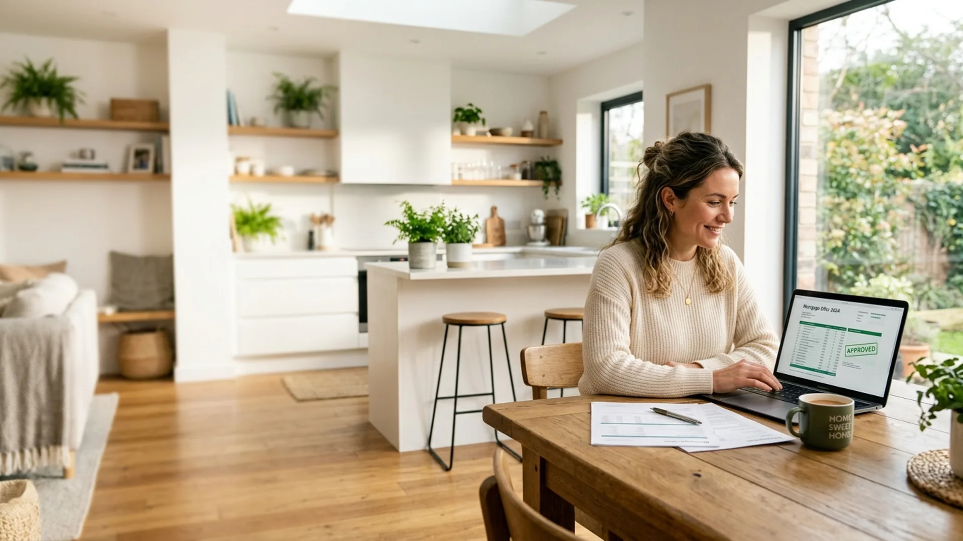 Homeowner reviewing mortgage paperwork on a laptop at a bright kitchen table